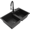 Mexen Tomas granite sink 2-chamber with Savita kitchen tap, black/silver metallic - 6516-73-672601-70-B