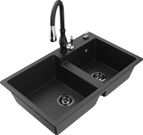 Mexen Tomas 2-bowl granite sink with Savita kitchen faucet, black/silver metallic - 6516-73-672601-70-B