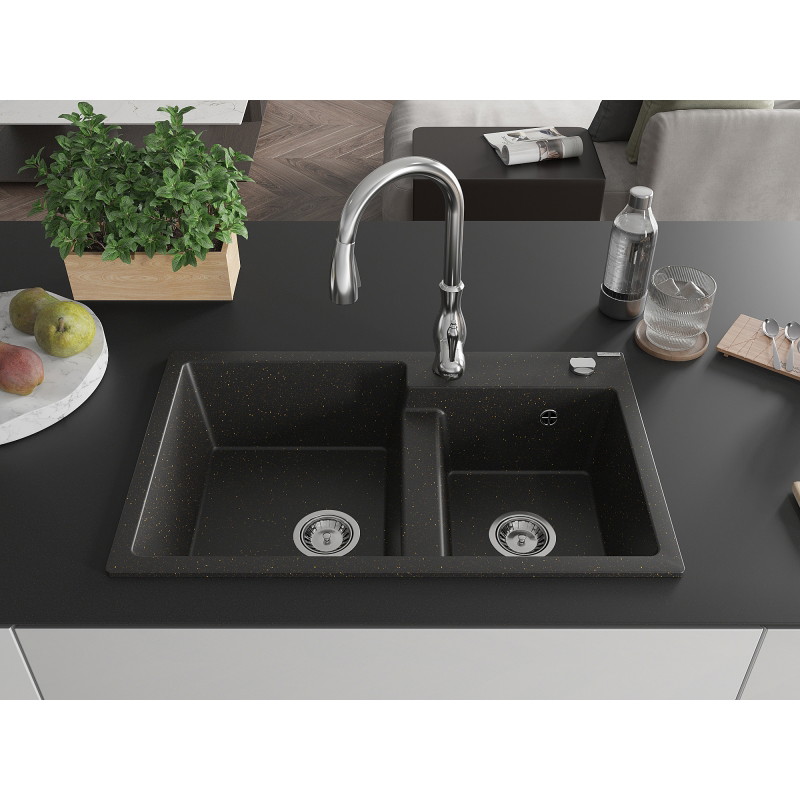 Mexen Tomas 2-chamber granite sink with Savita kitchen faucet, black/gold metallic - 6516-75-672601-00