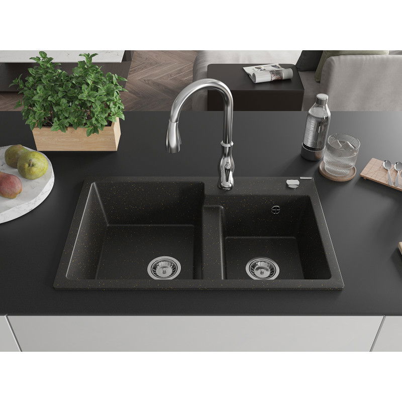 Mexen Tomas granite sink 2-bowl with Savita kitchen tap, black/gold metallic - 6516-75-672601-00