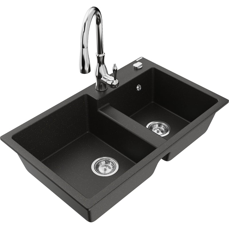 Mexen Tomas 2-chamber granite sink with Savita kitchen faucet, black/gold metallic - 6516-75-672601-00