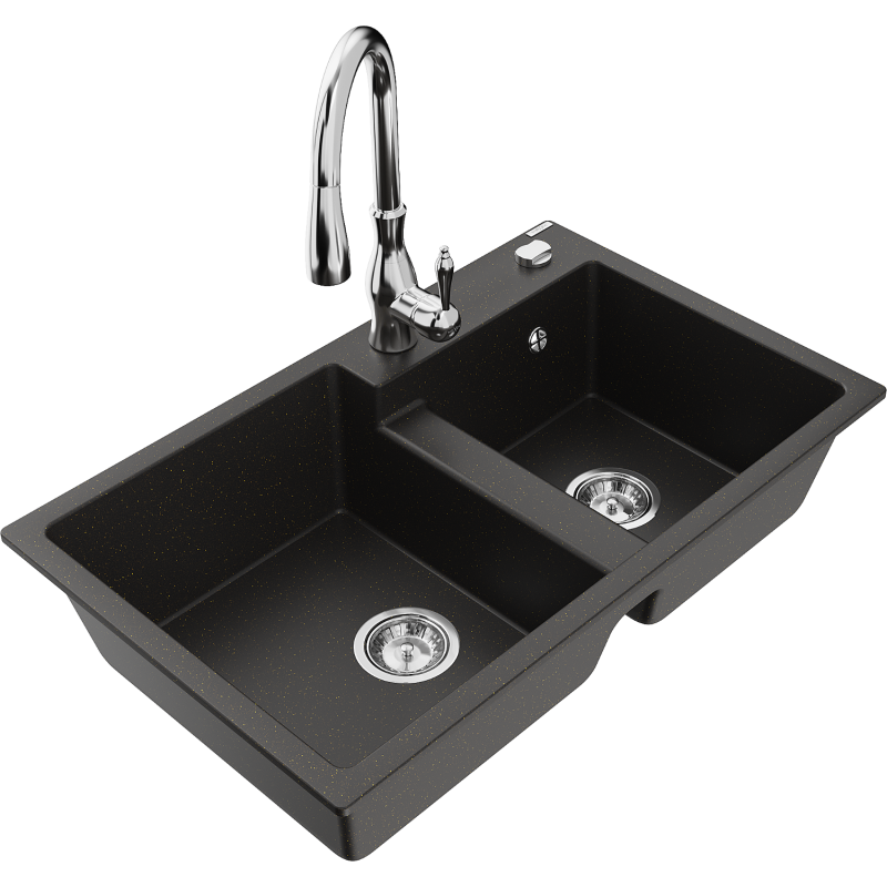 Mexen Tomas 2-compartment granite sink with a kitchen mixer tap Savita, Black/Gold metallic - 6516-75-672601-00