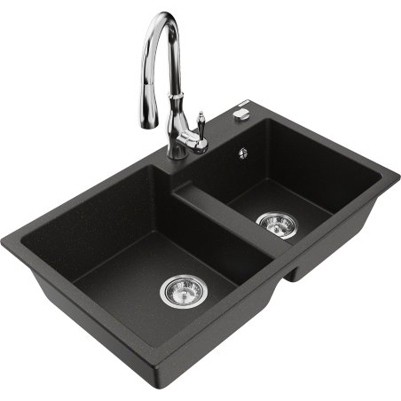 Mexen Tomas 2-chamber granite sink with Savita kitchen faucet, black/gold metallic - 6516-75-672601-00