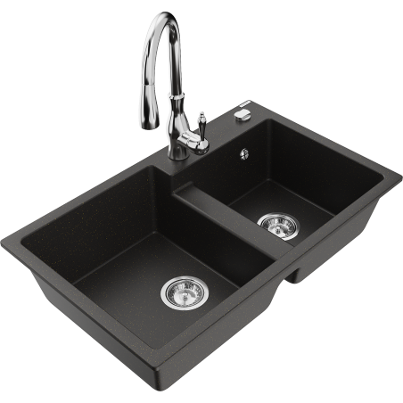 Mexen Tomas granite sink 2-bowl with Savita kitchen tap, black/gold metallic - 6516-75-672601-00