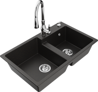 Mexen Tomas 2-chamber granite sink with Savita kitchen faucet, black/gold metallic - 6516-75-672601-00