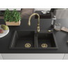 Mexen Tomas granite kitchen sink 2-bowl with Savita faucet, black/gold metallic - 6516-75-672601-50