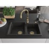 Mexen Tomas granite sink 2-bowl with Savita kitchen tap, black/gold metallic - 6516-75-672601-50