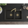 Mexen Tomas granite kitchen sink 2-bowl with Savita faucet, black/gold metallic - 6516-75-672601-50