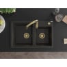 Mexen Tomas granite sink 2-bowl with Savita kitchen tap, black/gold metallic - 6516-75-672601-50