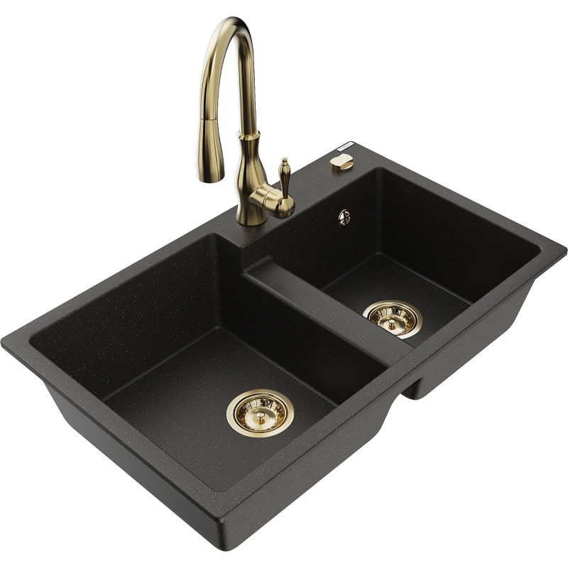 Mexen Tomas 2-bowl granite sink with Savita kitchen faucet, black/gold metallic - 6516-75-672601-50