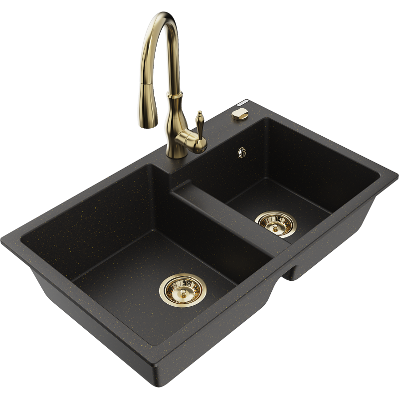 Mexen Tomas granite sink 2-bowl with Savita kitchen tap, black/gold metallic - 6516-75-672601-50