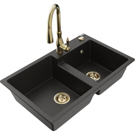 Mexen Tomas 2-bowl granite sink with Savita kitchen faucet, black/gold metallic - 6516-75-672601-50