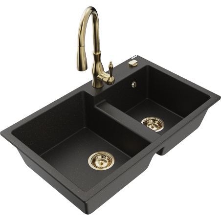 Mexen Tomas granite sink 2-bowl with Savita kitchen tap, black/gold metallic - 6516-75-672601-50
