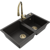 Mexen Tomas granite sink 2-bowl with Savita kitchen tap, black/gold metallic - 6516-75-672601-50