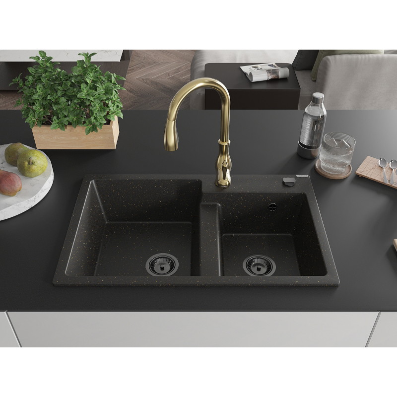 Mexen Tomas 2-compartment granite sink with Savita kitchen faucet, black/gold metallic - 6516-75-672601-50-B