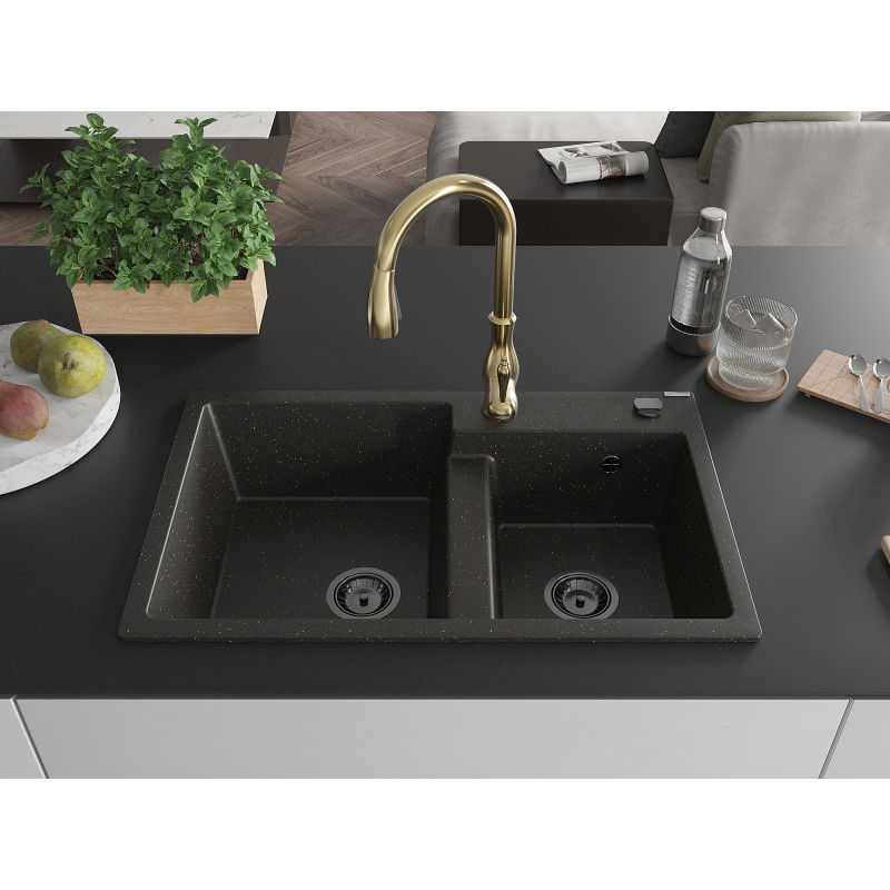 Mexen Tomas granite kitchen sink 2-bowl with Savita kitchen tap, black/gold metallic - 6516-75-672601-50-B