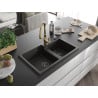 Mexen Tomas granite kitchen sink 2-bowl with Savita kitchen tap, black/gold metallic - 6516-75-672601-50-B