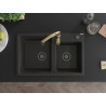 Mexen Tomas granite kitchen sink 2-bowl with Savita kitchen faucet, black/gold metallic - 6516-75-672601-50-B