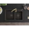 Mexen Tomas granite kitchen sink 2-bowl with Savita kitchen tap, black/gold metallic - 6516-75-672601-50-B