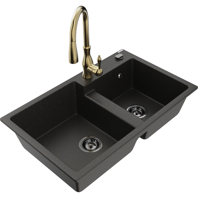 Mexen Tomas 2-compartment granite sink with Savita kitchen faucet, black/gold metallic - 6516-75-672601-50-B