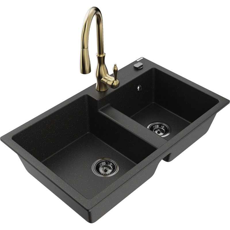 Mexen Tomas granite kitchen sink 2-bowl with Savita kitchen tap, black/gold metallic - 6516-75-672601-50-B