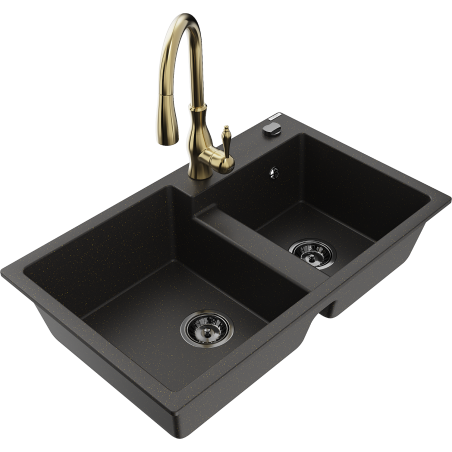 Mexen Tomas 2-compartment granite sink with Savita kitchen faucet, black/gold metallic - 6516-75-672601-50-B