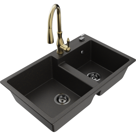 Mexen Tomas granite kitchen sink 2-bowl with Savita kitchen tap, black/gold metallic - 6516-75-672601-50-B