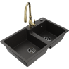 Mexen Tomas 2-compartment granite sink with Savita kitchen faucet, black/gold metallic - 6516-75-672601-50-B