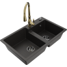 Mexen Tomas granite kitchen sink 2-bowl with Savita kitchen faucet, black/gold metallic - 6516-75-672601-50-B