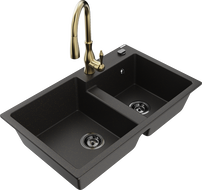 Mexen Tomas 2-compartment granite sink with Savita kitchen faucet, black/gold metallic - 6516-75-672601-50-B