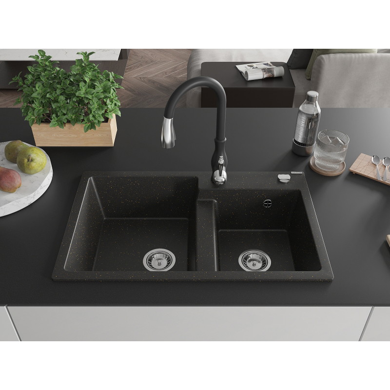 Mexen Tomas granite double-bowl sink with kitchen faucet Savita, black/gold metallic - 6516-75-672601-70