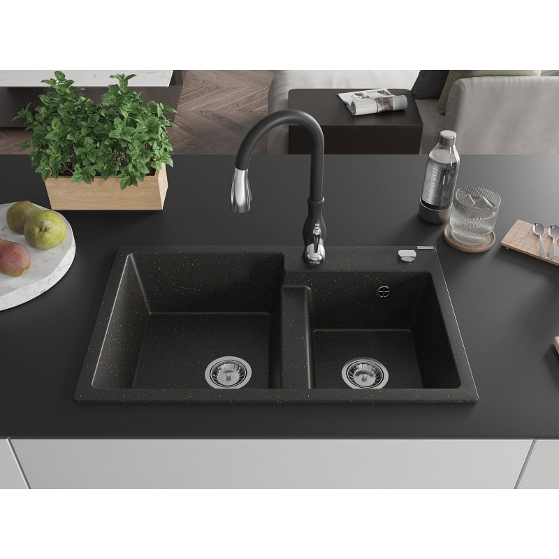 Mexen Tomas granite kitchen sink 2-compartment with Savita kitchen faucet, black/gold metallic - 6516-75-672601-70