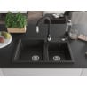 Mexen Tomas granite sink 2-chamber with Savita kitchen tap, black/golden metallic - 6516-75-672601-70