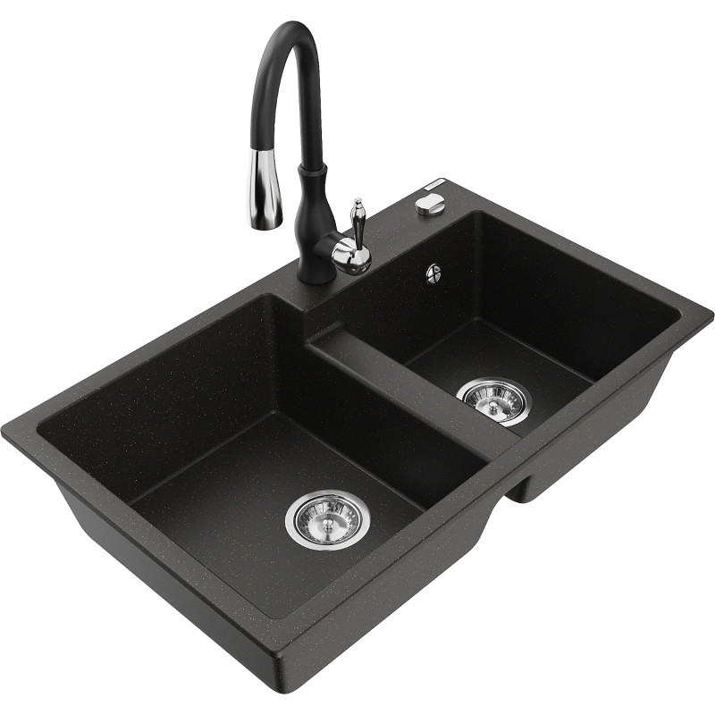 Mexen Tomas granite kitchen sink 2-compartment with Savita kitchen faucet, black/gold metallic - 6516-75-672601-70