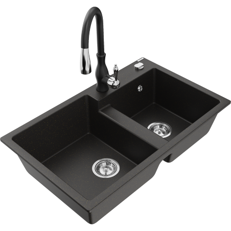 Mexen Tomas granite double-bowl sink with kitchen faucet Savita, black/gold metallic - 6516-75-672601-70
