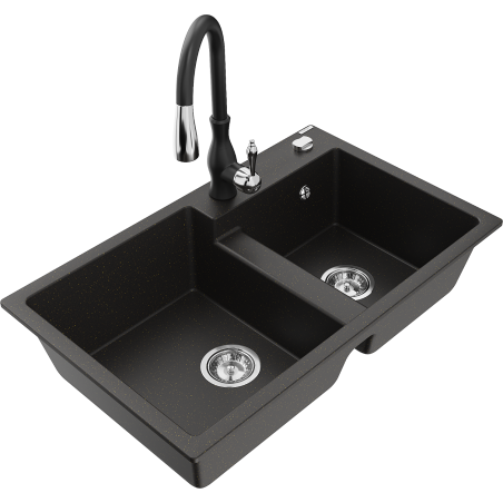 Mexen Tomas granite sink 2-chamber with Savita kitchen tap, black/golden metallic - 6516-75-672601-70