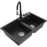 Mexen Tomas granite kitchen sink 2-compartment with Savita kitchen faucet, black/gold metallic - 6516-75-672601-70