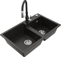 Mexen Tomas granite double-bowl sink with kitchen faucet Savita, black/gold metallic - 6516-75-672601-70