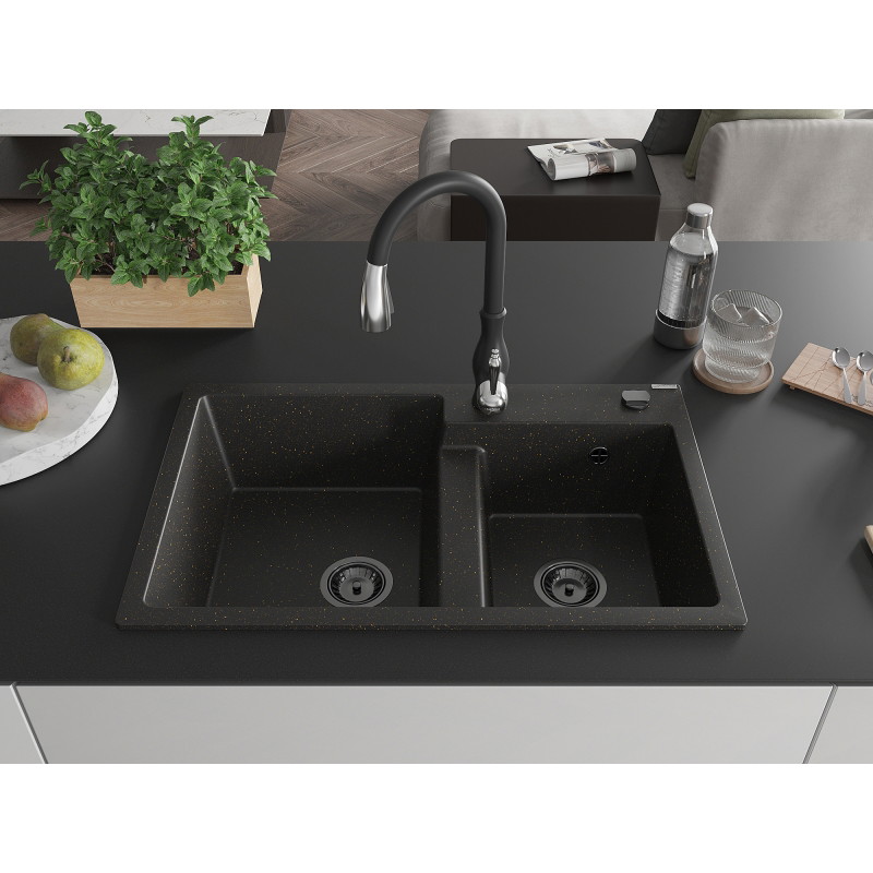 Mexen Tomas granite 2-bowl kitchen sink with Savita faucet, black/gold metallic - 6516-75-672601-70-B