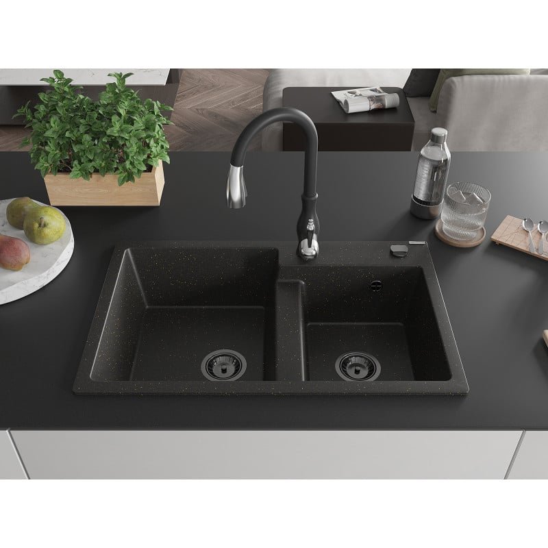 Mexen Tomas granite sink 2-chamber with Savita kitchen tap, black/gold metallic - 6516-75-672601-70-B