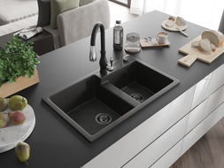 Mexen Tomas granite 2-bowl kitchen sink with Savita faucet, black/gold metallic - 6516-75-672601-70-B
