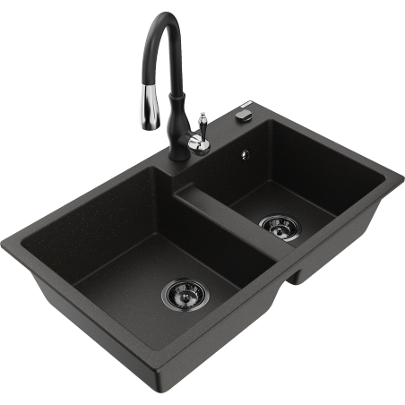 Mexen Tomas granite sink 2-chamber with Savita kitchen tap, black/gold metallic - 6516-75-672601-70-B