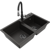 Mexen Tomas granite sink 2-chamber with Savita kitchen tap, black/gold metallic - 6516-75-672601-70-B