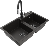 Mexen Tomas granite 2-bowl kitchen sink with Savita faucet, black/gold metallic - 6516-75-672601-70-B