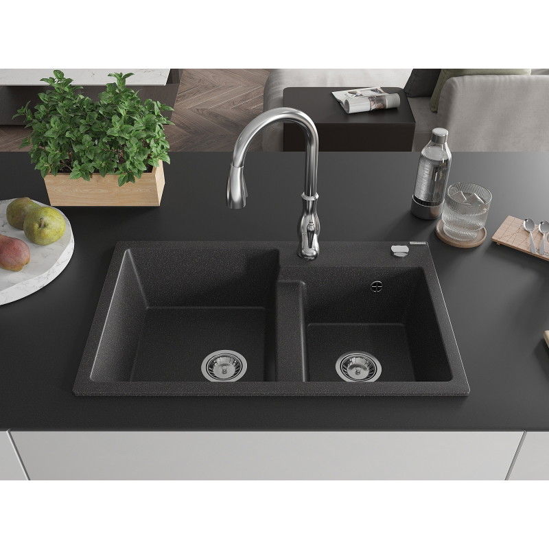 Mexen Tomas granite kitchen sink with 2 bowls and Savita kitchen faucet, speckled black - 6516-76-672601-00