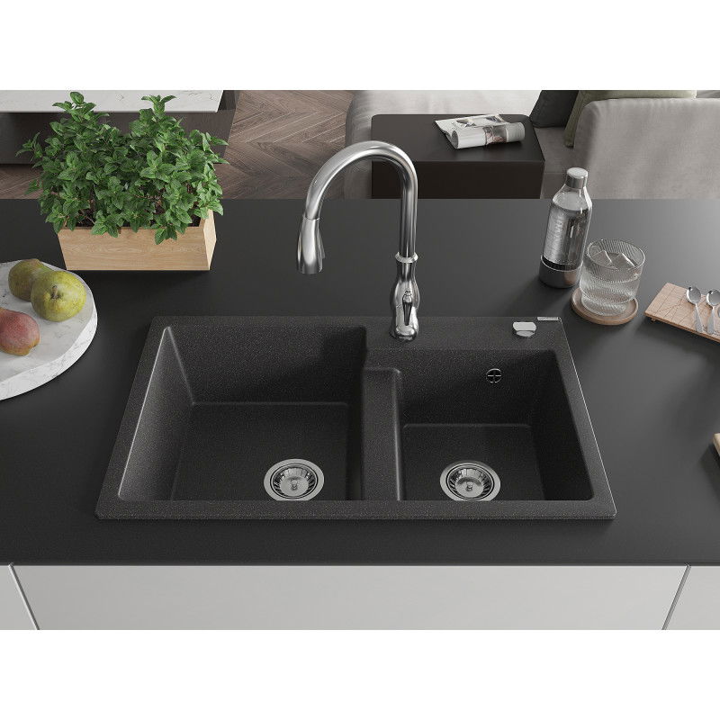 Mexen Tomas granite sink 2-bowl with Savita kitchen tap, speckled black - 6516-76-672601-00