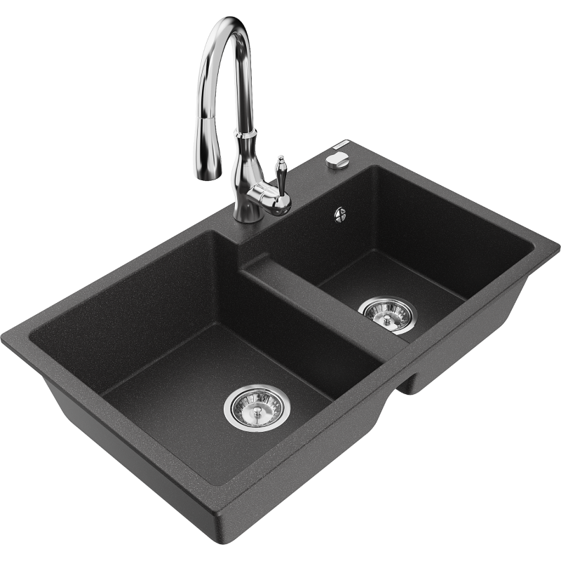 Mexen Tomas 2-compartment granite sink with a kitchen mixer tap Savita, spotted black - 6516-76-672601-00