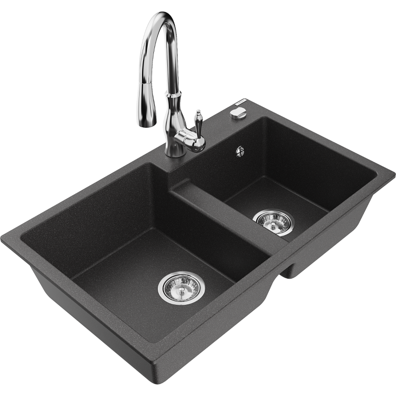 Mexen Tomas granite sink 2-bowl with Savita kitchen tap, speckled black - 6516-76-672601-00
