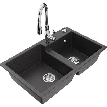 Mexen Tomas granite kitchen sink with 2 bowls and Savita kitchen faucet, speckled black - 6516-76-672601-00