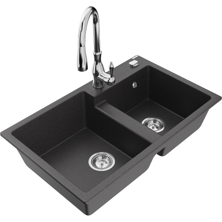 Mexen Tomas granite sink 2-bowl with Savita kitchen tap, speckled black - 6516-76-672601-00